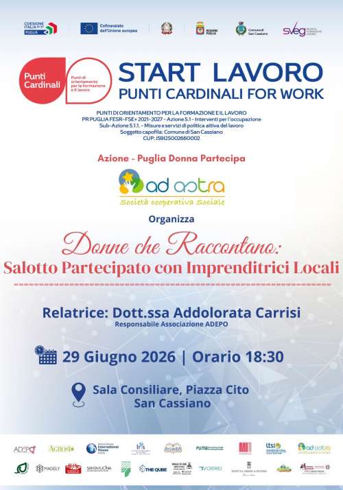 Punti Cardinali for Work. Progetto del Comune di San Cassiano_START LAVORO. Appuntamenti del 19 e 29 giugno 2026