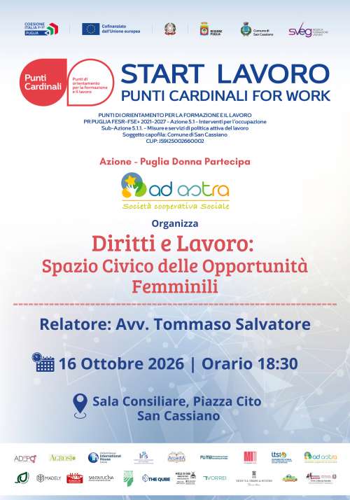 Punti Cardinali for Work_PROGETTO START LAVORO COMUNE DI SAN CASSIANO. Puglia Donna Partecipa del 16 ottobre 2026